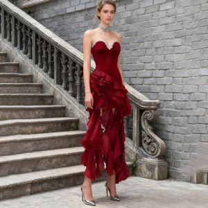 Wine Red Diamond Tube Top Ruffled Short Evening Dress Irregular Asymmetric Socialite Dress