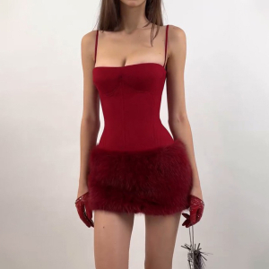 Spaghetti Straps Corset Plush Sheath Short Dress
