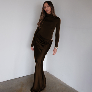 Half High Collar Long Sleeves Slim Fit Faux Two Piece Solid Color Dress