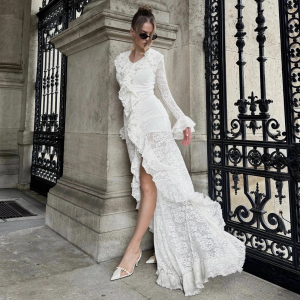 Fall Solid Color Cutout Round Neck Irregular Asymmetric Bell Sleeve Dress
