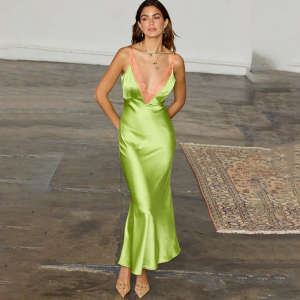 Satin Maxi Dress Deep V Plunge neck Backless Strap Dress