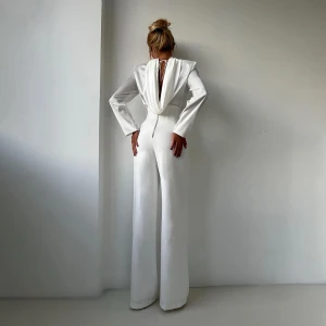Elegant White Stand up Collar Tie Top High Waist Wide Leg Slim Pants Two Piece Sets