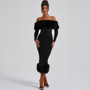 Autumn Winter Fur Collar off Neck Long Sleeve Slim Fit Evening Dress