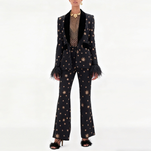 Heavy Embroidery Velvet Stitching Feather Blazer Long Sleeved Set Two Pieces