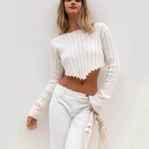 Spring Top Loose Rib Long Sleeves Cropped Short Sweater