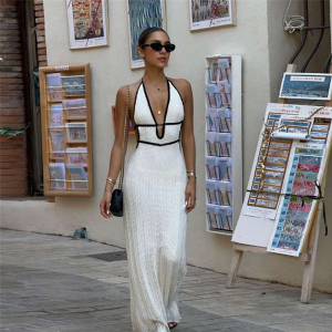 Autumn Winter Color Contrast V Neck Halter Lace Up Backless Knitted Dress