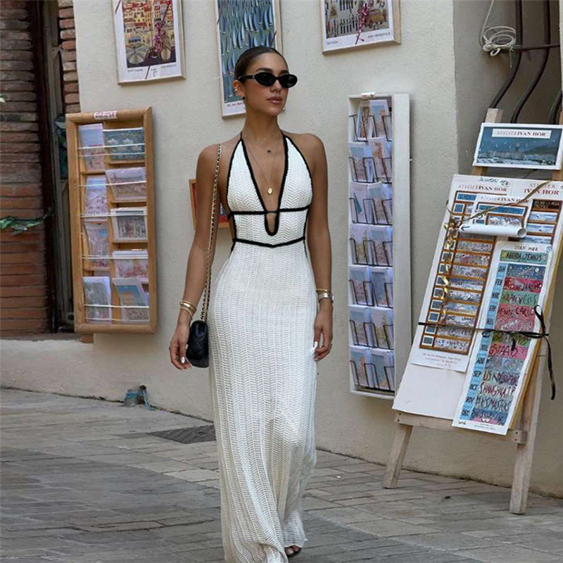 Autumn Winter Color Contrast V Neck Halter Lace Up Backless Knitted Dress 1 Autumn Winter Color Contrast V Neck Halter Lace Up Backless Knitted Dress