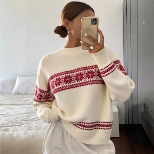 Fall Winter Simple All Match Women Contrast Color Snowflake Christmas Sweater