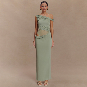 Pleated One Shoulder Waist Baring Slim Fit Dress