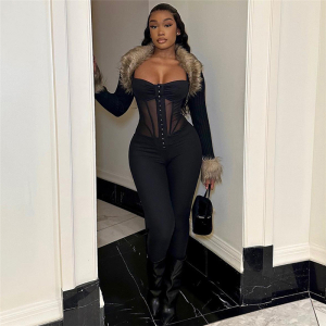 Spring Suspenders Low Cut See Through Slim Slimming Jumpsuit