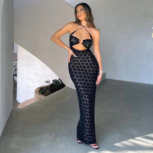 Criss Cross Summer Halter Hollow Out Cutout See-through Slim-Fit Sheath Dress