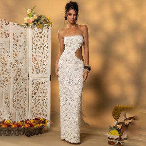 Lace Hollow Out Cutout Split Tube Top Dress