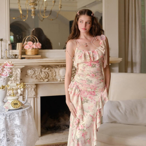Spring French Ruffled Floral Decoration Printed Mesh Sling Dress