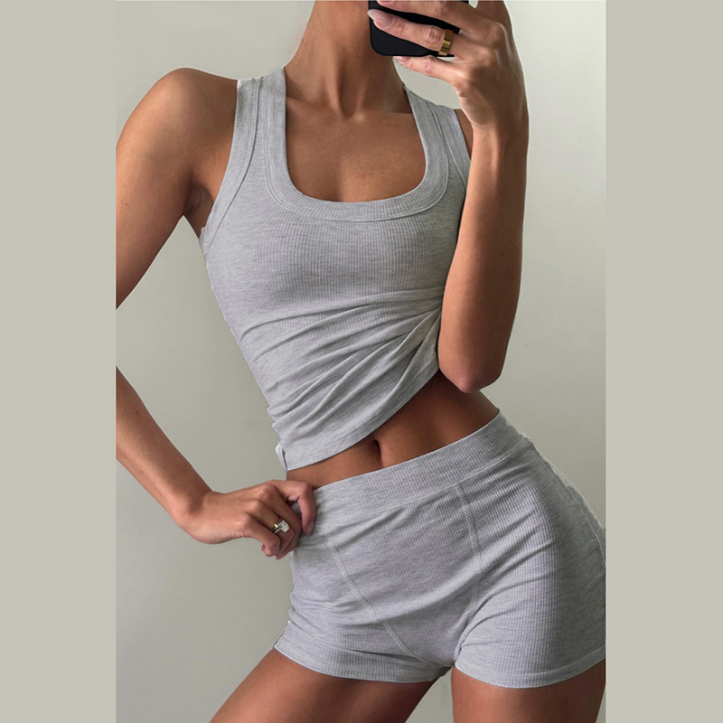 Autumn Casual Round Neck Solid Color Slim Fit I Shape Vest High Waist Shorts Suit 2 Autumn Casual Round Neck Solid Color Slim Fit I Shape Vest High Waist Shorts Suit - Image 2