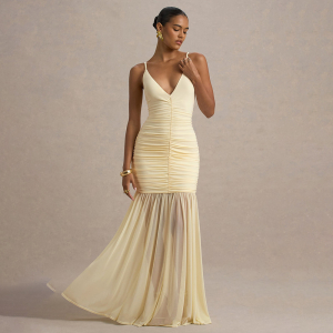 Elegant Straps Tulle Deep V Plunge Pleated Stitched Backless Maxi Dress