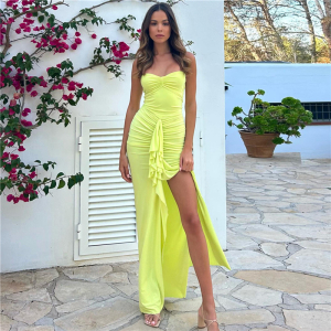 Autumn Winter Halter Off Neck Pleating Slit Slim Fitting Dress