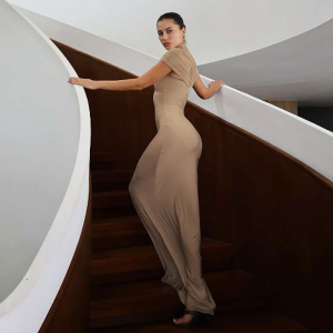 Elegant Slim Hollow Out Cutout Pleated Turtleneck Solid Color Dress