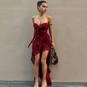Lace Slim Fit Tied Hollow Out Cutout See through Irregular Asymmetric Tube Top Dress