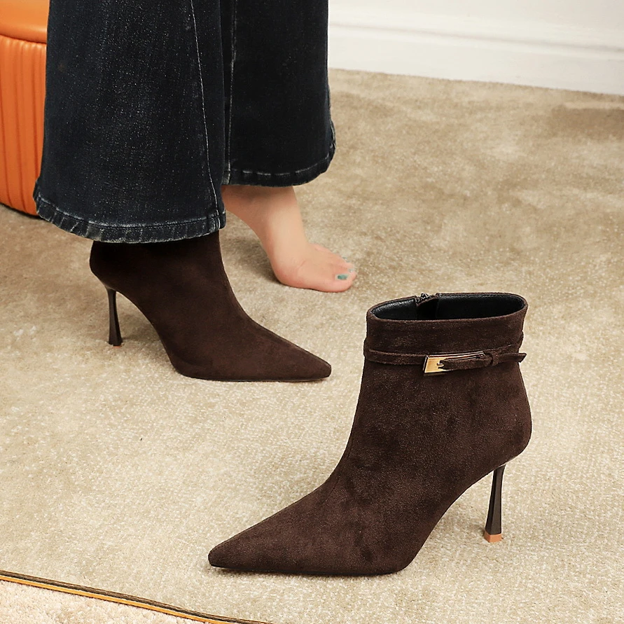 Pointed Toe Suede Stiletto Heel Belt Buckle Side Zipper High Heel Boots 17 Pointed Toe Suede Stiletto Heel Belt Buckle Side Zipper High Heel Boots - Image 3