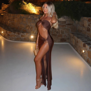 Summer Lace Up Cutout Metal Decoration Split Dress