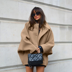 Autumn High Grade Brown Woolen Collared Batwing Sleeve Cardigan Coat