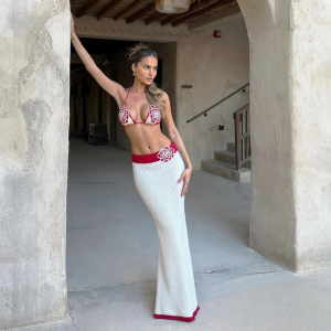 Knitted Crochet Halter Small Sling Contrast Color Slim Fit Skirt Two Piece Sets