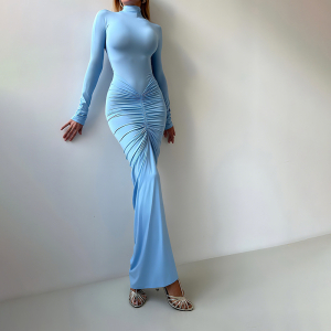 Autumn Solid Color Elegant Slim Slimming Pleated Turtleneck Long Sleeve Dress
