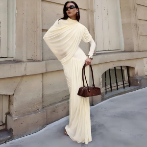 Elegant Slim Solid Color Round Neck Waist Trimming Pleated Long Sleeve Dress