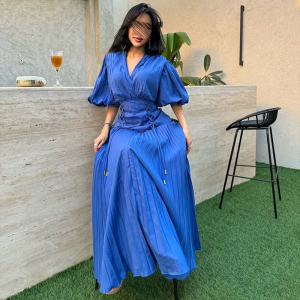 French Puff Sleeve Design V neck High Waist Tight Waist Design Maxi Dress