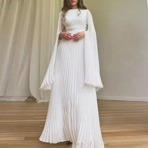 French Royal Super Long Sleeve Retro Dance Club Formal Cinched Pleated Dress