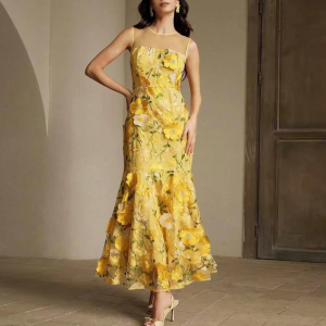 French Socialite Elegant Fishtail Hem Mesh Stitching Dress