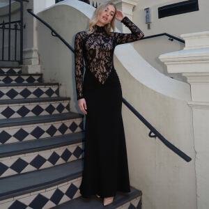 High Neck Hollow Out Cutout See through Lace Slim Fit Long Sleeved Elegant Dress