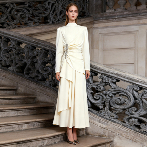 Elegant Palace Light Luxury Formal Solid Color Diamond Pleated Long Sleeve Dress