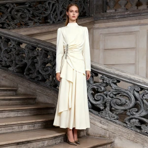 Elegant Palace Light Luxury Formal Solid Color Diamond Pleated Long Sleeve Dress