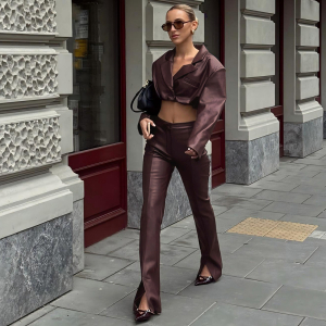 Autumn Winter Collared Crop Top Short Top High Waist Faux Leather Trousers Two Piece Set