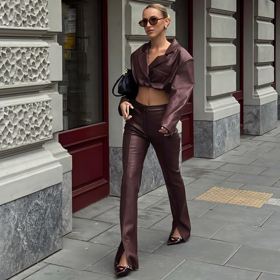 Autumn Winter Collared Crop Top Short Top High Waist Faux Leather Trousers Two Piece Set 1 Autumn Winter Collared Crop Top Short Top High Waist Faux Leather Trousers Two Piece Set