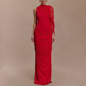 Fashionable Pleated Mesh Shawl Sheath round Neck Slim Dress