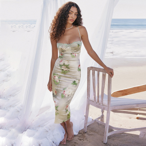 Summer Strap Off-Neck Lace Stitching Printing Slim Dress