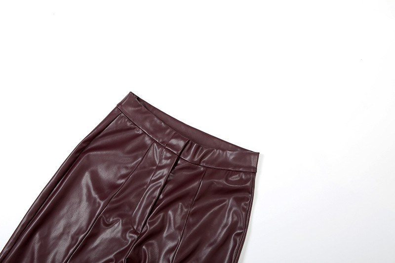 Autumn Winter Collared Crop Top Short Top High Waist Faux Leather Trousers Two Piece Set 9 Autumn Winter Collared Crop Top Short Top High Waist Faux Leather Trousers Two Piece Set - Image 9