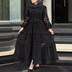 Retro Stand Collar Machine Embroidery Stitching Lace up Waist Controlled Maxi Dress