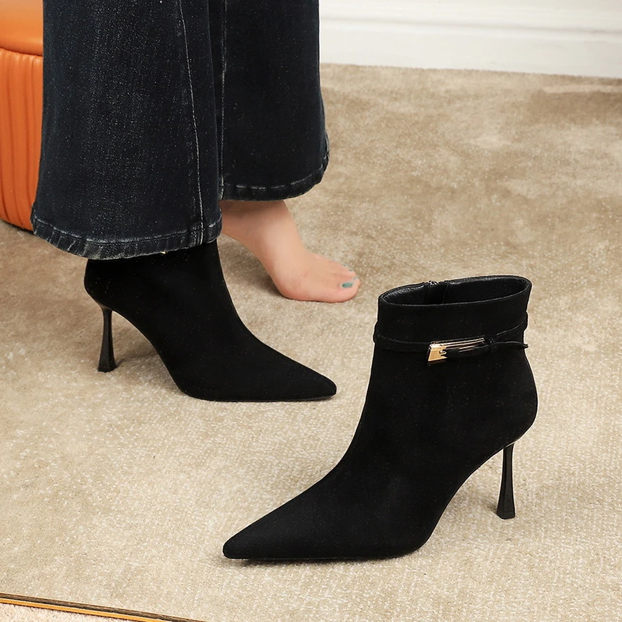 Pointed Toe Suede Stiletto Heel Belt Buckle Side Zipper High Heel Boots 16 Pointed Toe Suede Stiletto Heel Belt Buckle Side Zipper High Heel Boots - Image 2