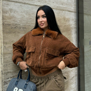 Retro Brown Coat Fur Collar Stitching Corduroy Jacket Street Zipper Cardigan Short Top