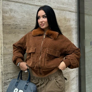 Retro Brown Coat Fur Collar Stitching Corduroy Jacket Street Zipper Cardigan Short Top