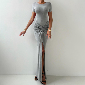 Spring Solid Color round Neck Short Sleeves Jumpsuit Slim Fit Slit Skirt Set
