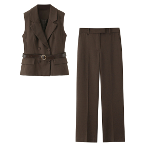 Early Autumn Casual Belt Vest High Waist Straight Pants Set
