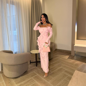 Middle East Elegant Sheath Three Dimensional Floral off Shoulder Long Sleeve Dress