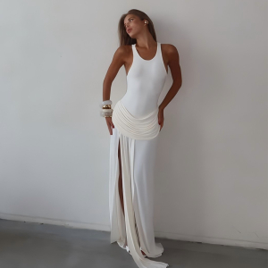 Elegance Split Pleated Sleeveless Solid Color Mop Dress