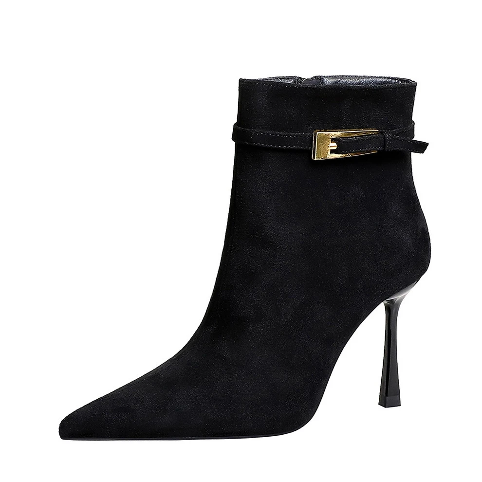 Pointed Toe Suede Stiletto Heel Belt Buckle Side Zipper High Heel Boots 19 Pointed Toe Suede Stiletto Heel Belt Buckle Side Zipper High Heel Boots - Image 5