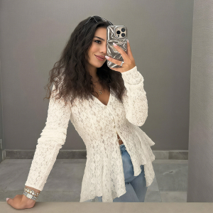 Solid Color Cutout Irregular Asymmetric Hem Lace Long Sleeve Cardigan Tshirt