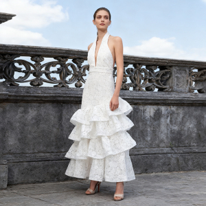 French Elegant Ruffled Maxi Dress Pure White Deep V Plunge neck Halter Backless Sleeveless Autumn Dress